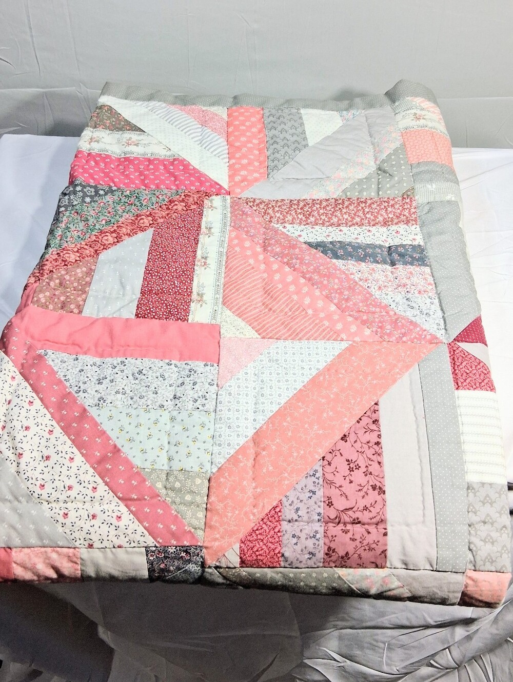Handmade 68" X 48" Vintage ""Shabby Chic" Cottagecore Throw/Nap Quilt/Blanket